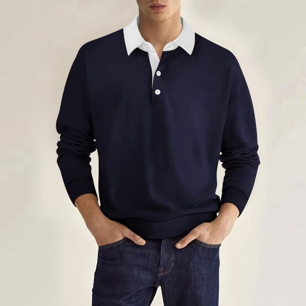 Blusa y camisa de manga larga con cuello vuelto para hombre, blusa de color liso con botones y solapa, blusa de poliéster para hombre