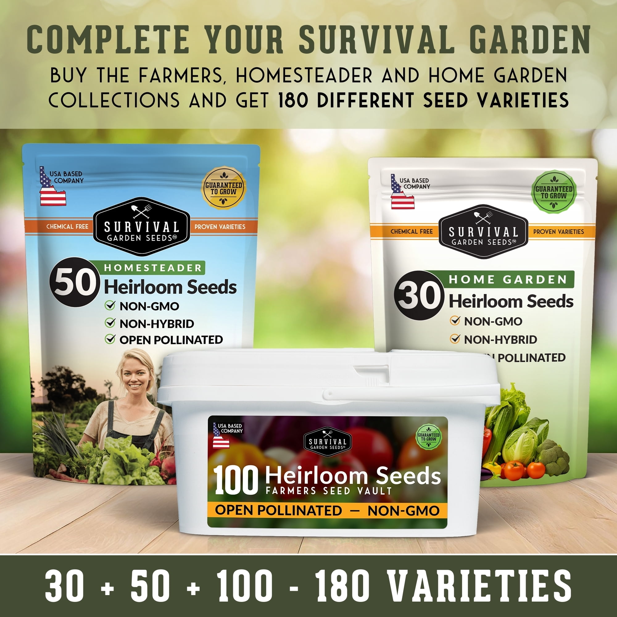 100 Pack Farmer Kit Vegetable Seeds - Non GMO Heirloom Full Sun Annual - Emergency Seed Bank Survival Gear