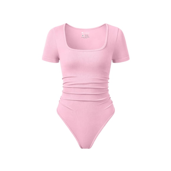 Body OQQ para mujer, manga corta, cuello cuadrado, fruncido, rosa