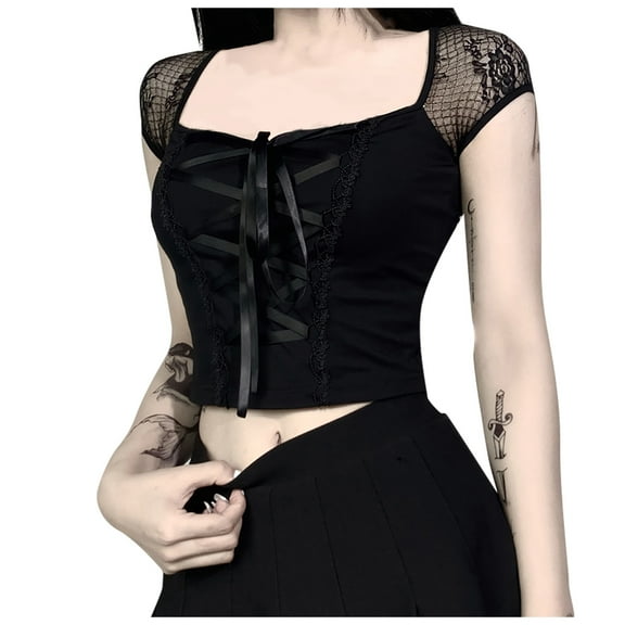 Gothic Women's Lace Mesh Top Sexy Splicing Slim Fit Blouse Stylish Casual T-Shirt Elegant Feminine Fashion