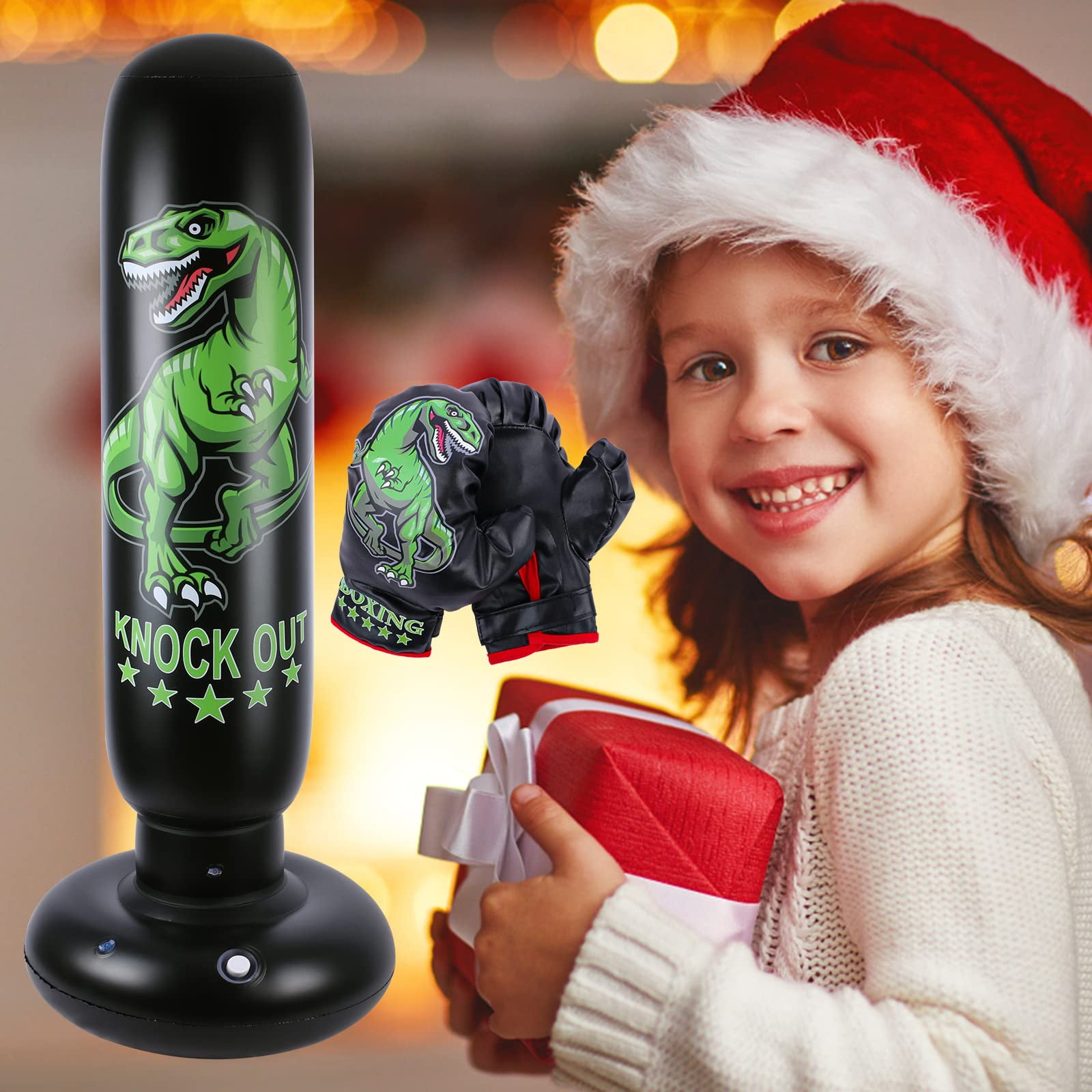 Dinosaur Punching Bag for Kids - 63 inch Inflatable Boxing Bag with Gloves - Children Sports Toys Exercising Boxing Set for Training Karate and Taekwondo - Freestanding Tumbler Bounce Back