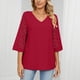 thumbnail image 4 of Blusa de retales de encaje con cuello en V y media manga para mujer, holgada y transpirable para primavera y verano, color rojo L, 4 of 8