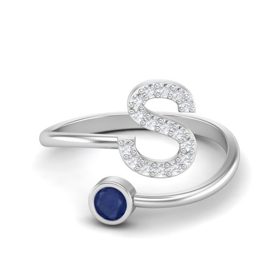Capital S Initial Letter Blue Sapphire Adjustable Front Open 925 Sterling Silver Women Valentines Day Gifts Ring