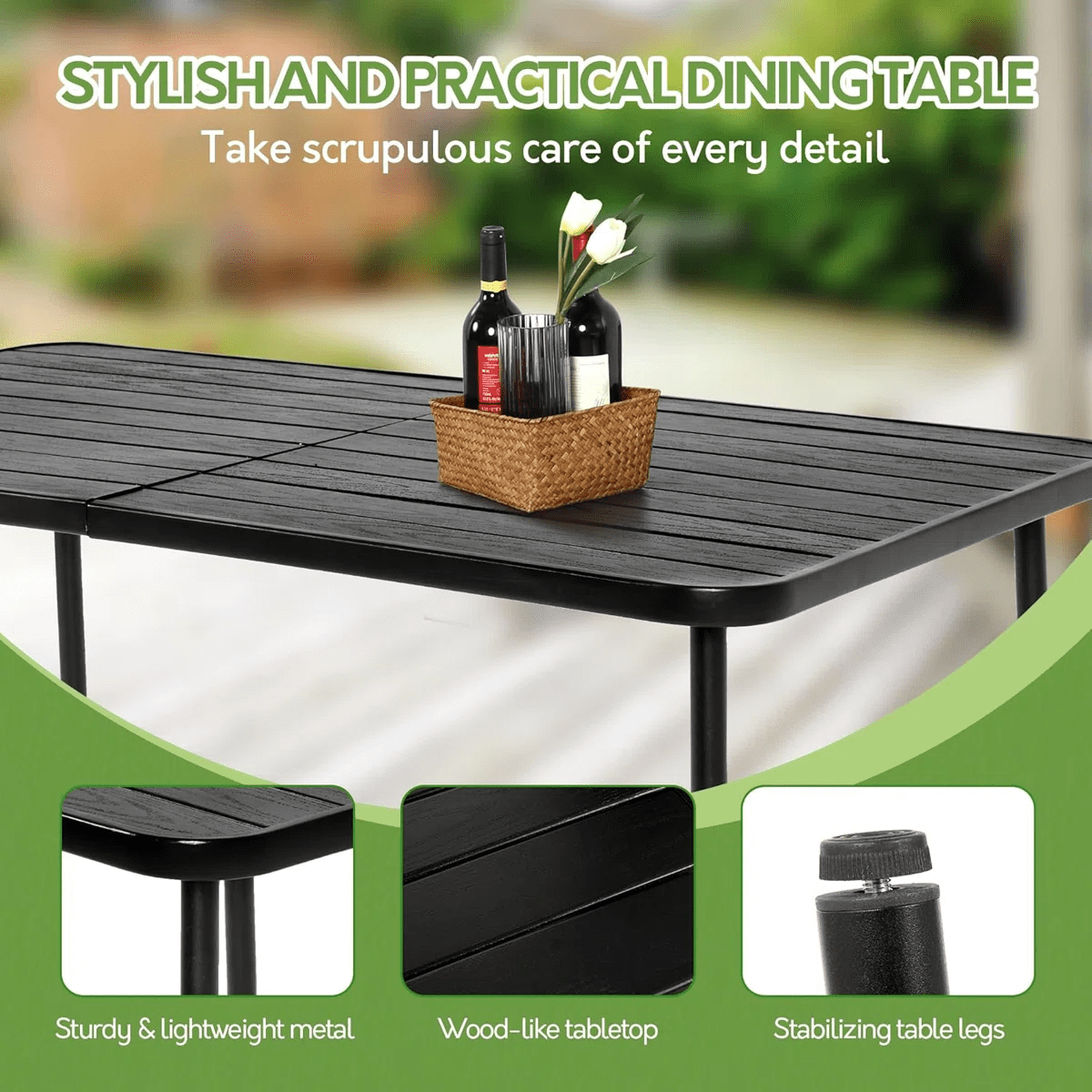Seizeen Outdoor Dining Set for 6, Plastic Wood Patio Furniture Set with Steel Frame, Space-saving Dining Table and Chairs Stockable Design, All-weather Porch Garden Yard Conversation Furniture, Black