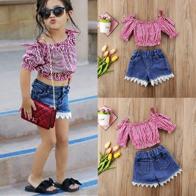 Hauts à Rayures pour Filles, Blouse en Dentelle, Shorts en Denim