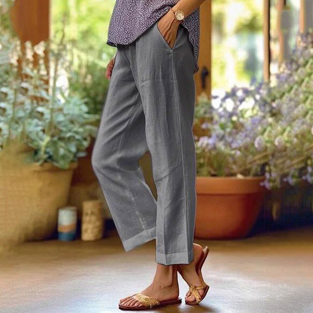 CHUANK Spring Cotton Linen Oversize Women‘s Long Pants Grey Pockets Button Looes Pants Female Spring Casual Trendy Ladies Clothes