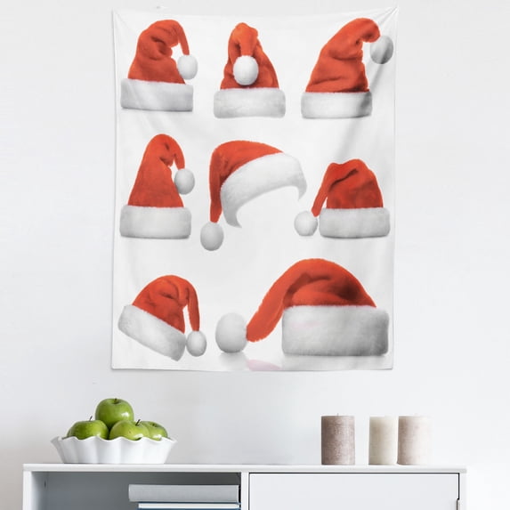 Christmas Tapestry, Classical Santa Claus Hats Xmas New Year Celebration Tradition Party Theme, Fabric Wall Hanging Decor for Bedroom Living Room Dorm, 5 Sizes, Red and White, by Ambesonne