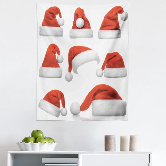 Christmas Tapestry, Classical Santa Claus Hats Xmas New Year Celebration Tradition Party Theme, Fabric Wall Hanging Decor for Bedroom Living Room Dorm, 5 Sizes, Red and White, by Ambesonne