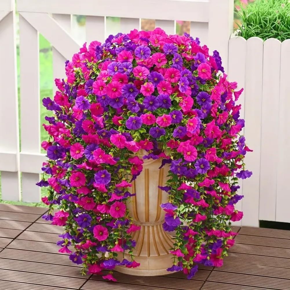Artificial Hanging Flowers Outdoor Vines with Eucalyptus Leaves Fake Plants UV Resistant Silk Morning Glory for Garden Porch Yard 30" (Recommended 2PCS or 4PCS)