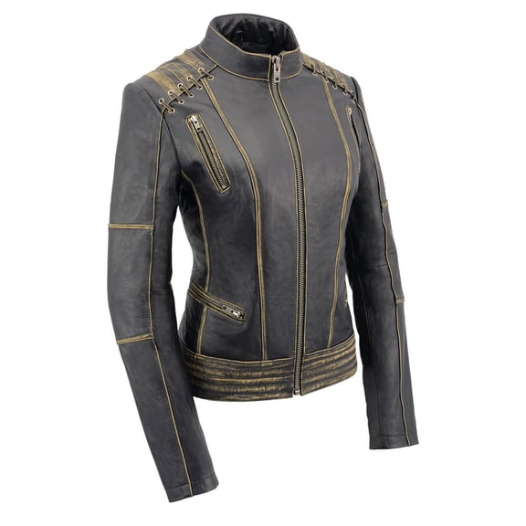 Milwaukee Leather MLL2527 Women's 'Elegant' Distressed Brown Detail Laced Leather Jacket Small