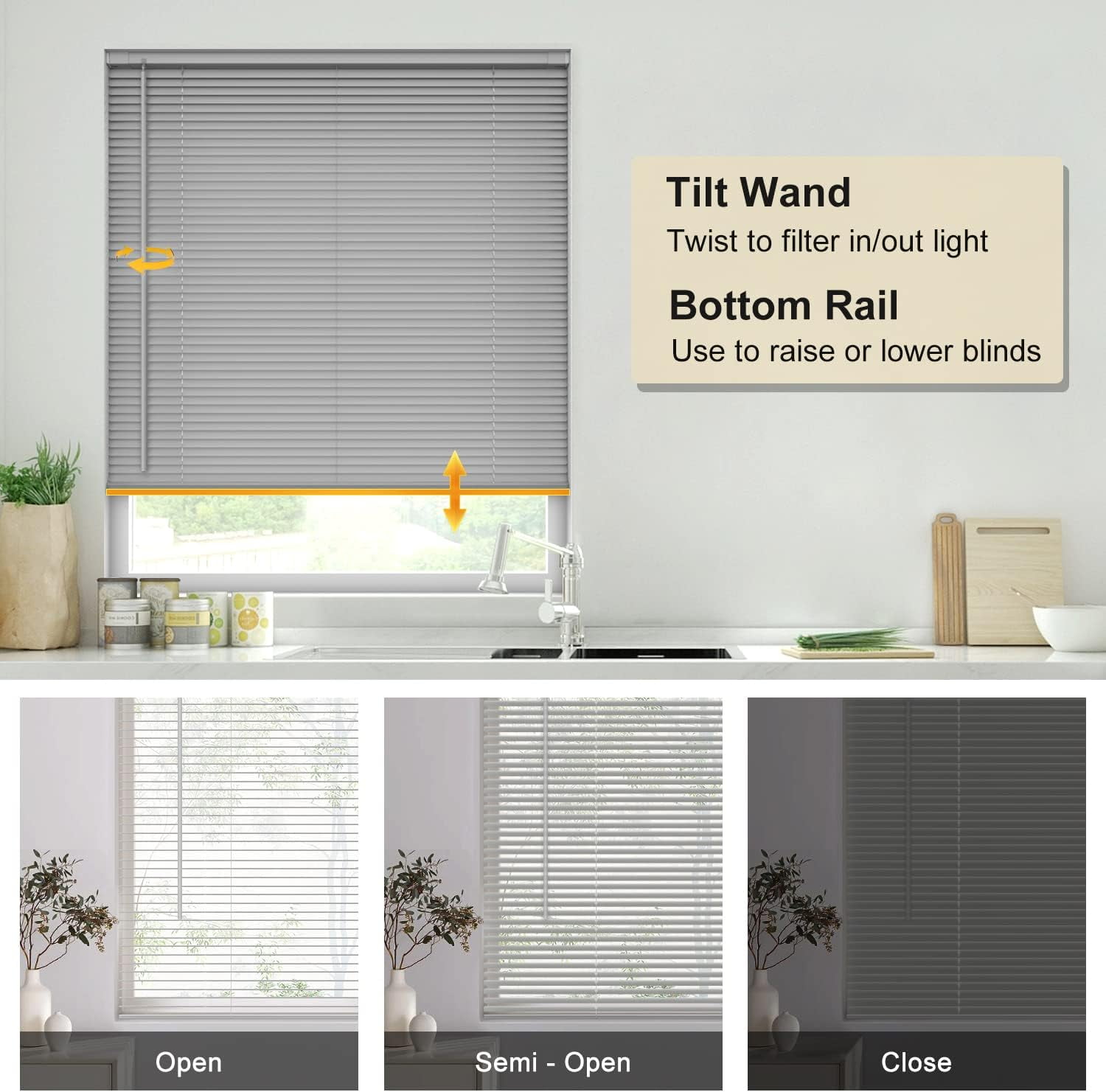 LazBlinds Cordless No Tools-No Drill 1" Vinyl Horizontal Mini Blinds, Light Filtering Blinds for Windows, Blinds & Shades for Window, 26" W x 48" H, Grey