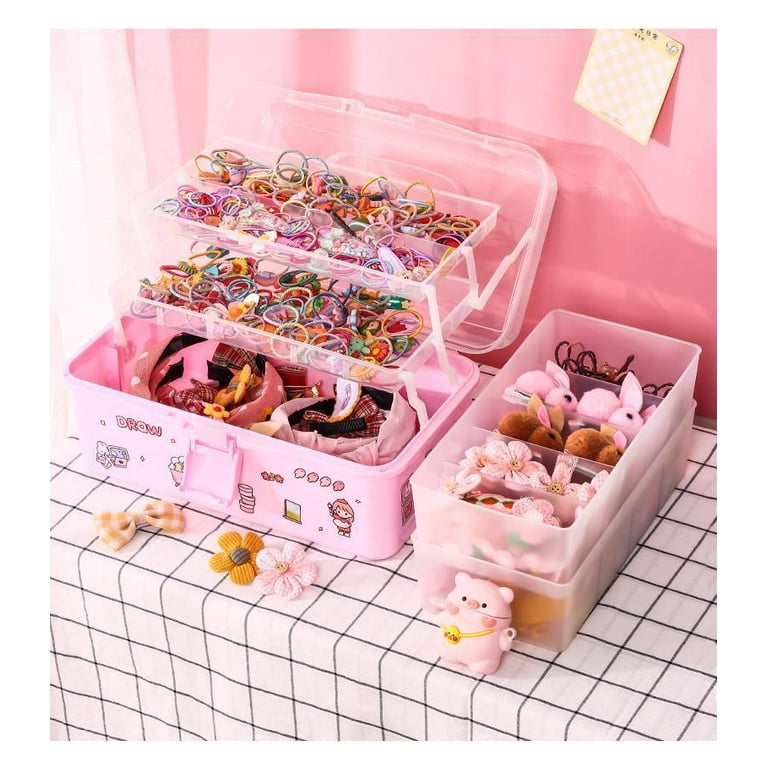 WMM Girls Hair Accessories Storage Box, Cute Hair Accessories Organizer, Jewelry Box with Upper and Lower Layers, Deer Horn Handle, Bow Switch Girls