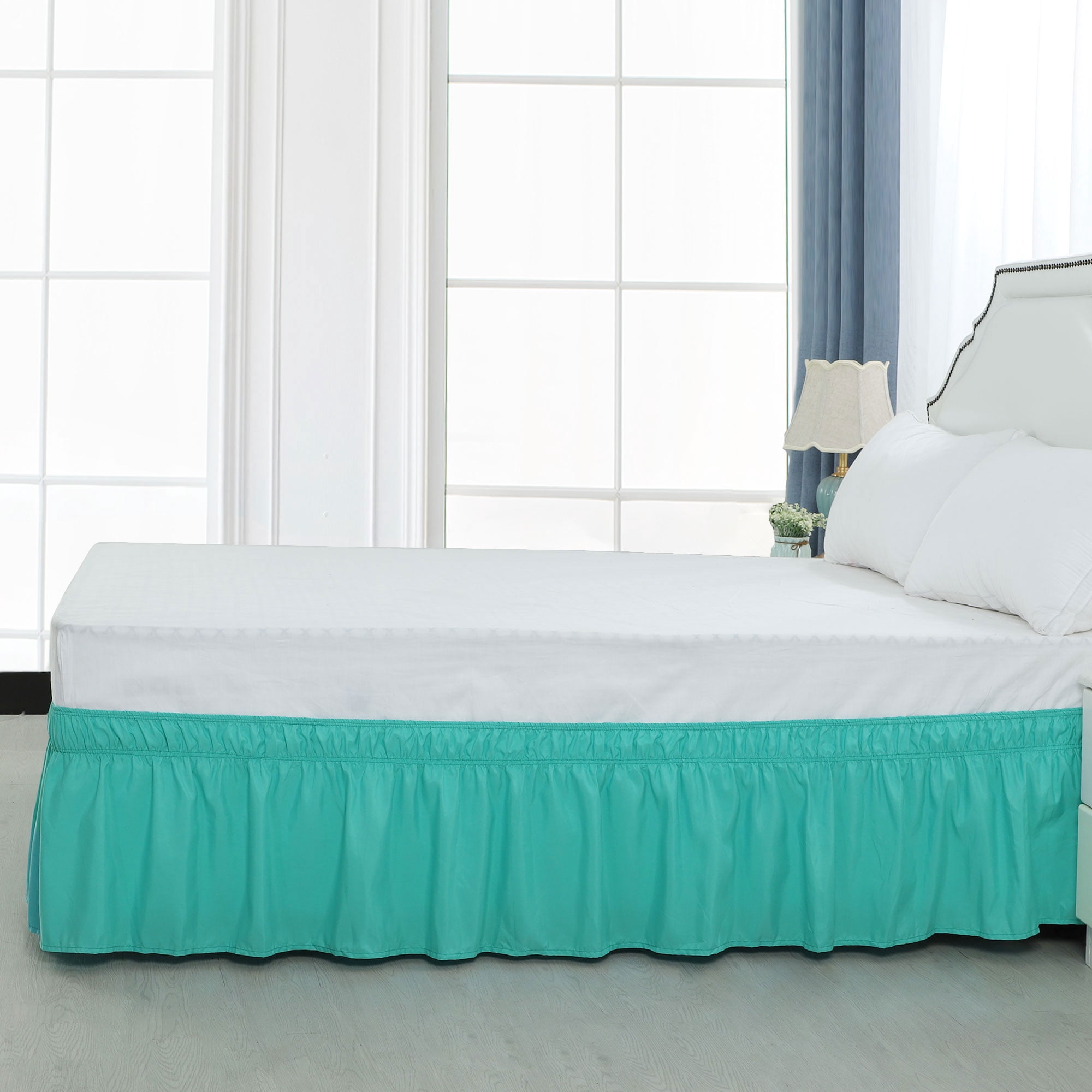 PiccoCasa Bed Skirt Polyester Elastic Wrap Around Dust Ruffle, Queen Aqua Blue