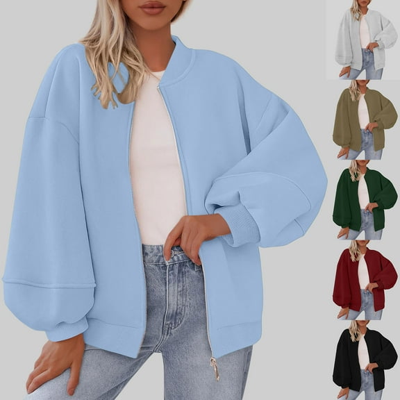 Meichang Zip Up Sweatshirt Women Oversized Sweatshirt Jackets Fleece Drop Shoulder Long Sleeve Casual Bomber Jacket Outerwear Fall Winter Outfits