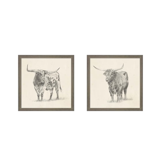 Great Art Now Longhorn Steer Sketch by Ethan Harper, 2 Piece Framed Art Set Each 13.5W x 13.5H