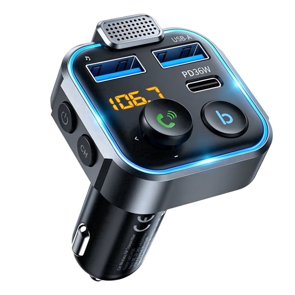 54W Bluetooth 5.3 Car Adapter Charger 3-Port Fast Charging [PD36W & QC3.0 20W], Wireless Radio FM Transmitter with Deep Bass Player, LED Backlit, Hands-Free Calling, Support USB Drive,Black