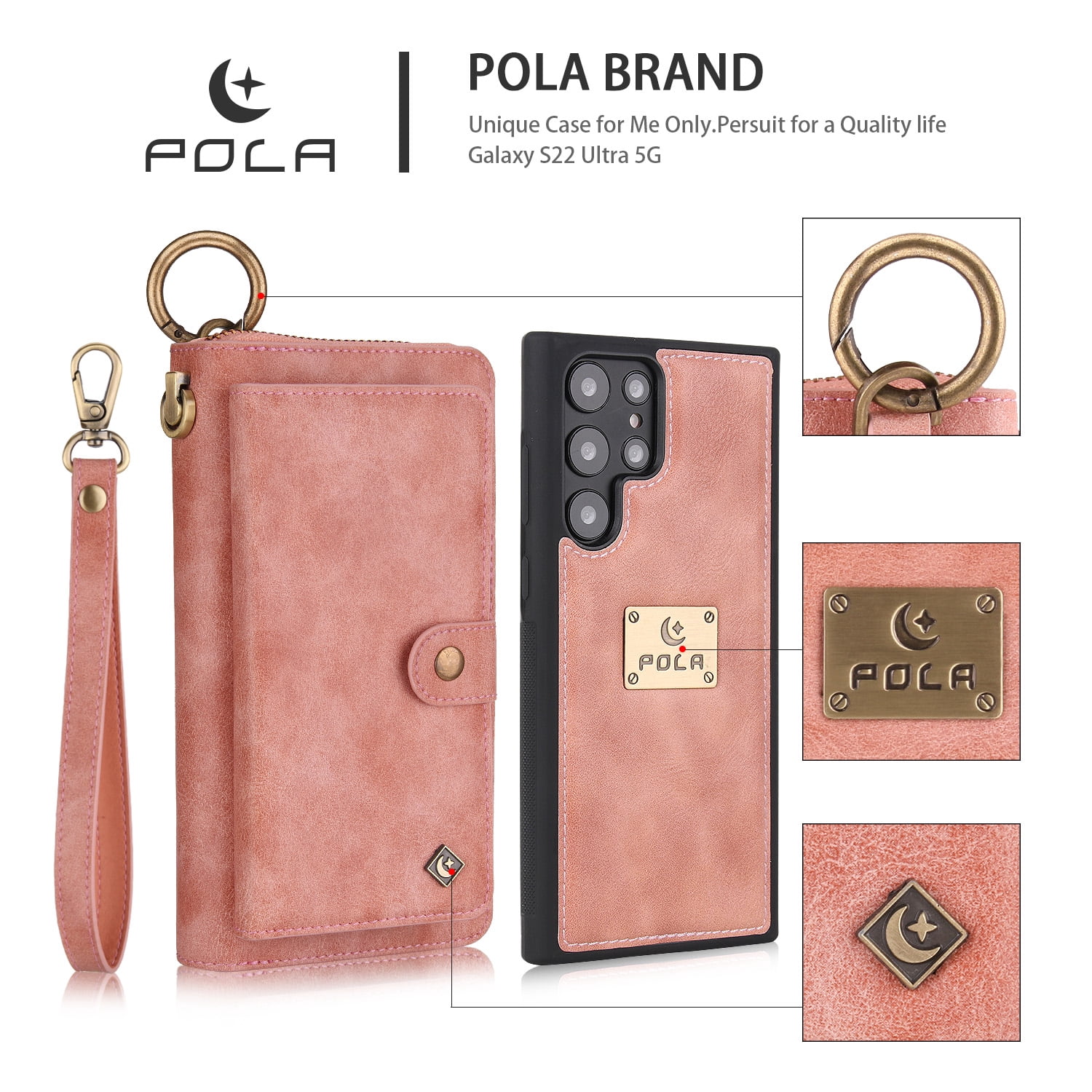 Samsung Galaxy S22 Ultra Leather Flip Case Cover, Galaxy S22 Ultra Zipper Wallet Case for Women and Men, Dteck 14 Card Holder Zipper Pocket Magnetic Detachable Wallet Folio Case Leather Pouch,Pink