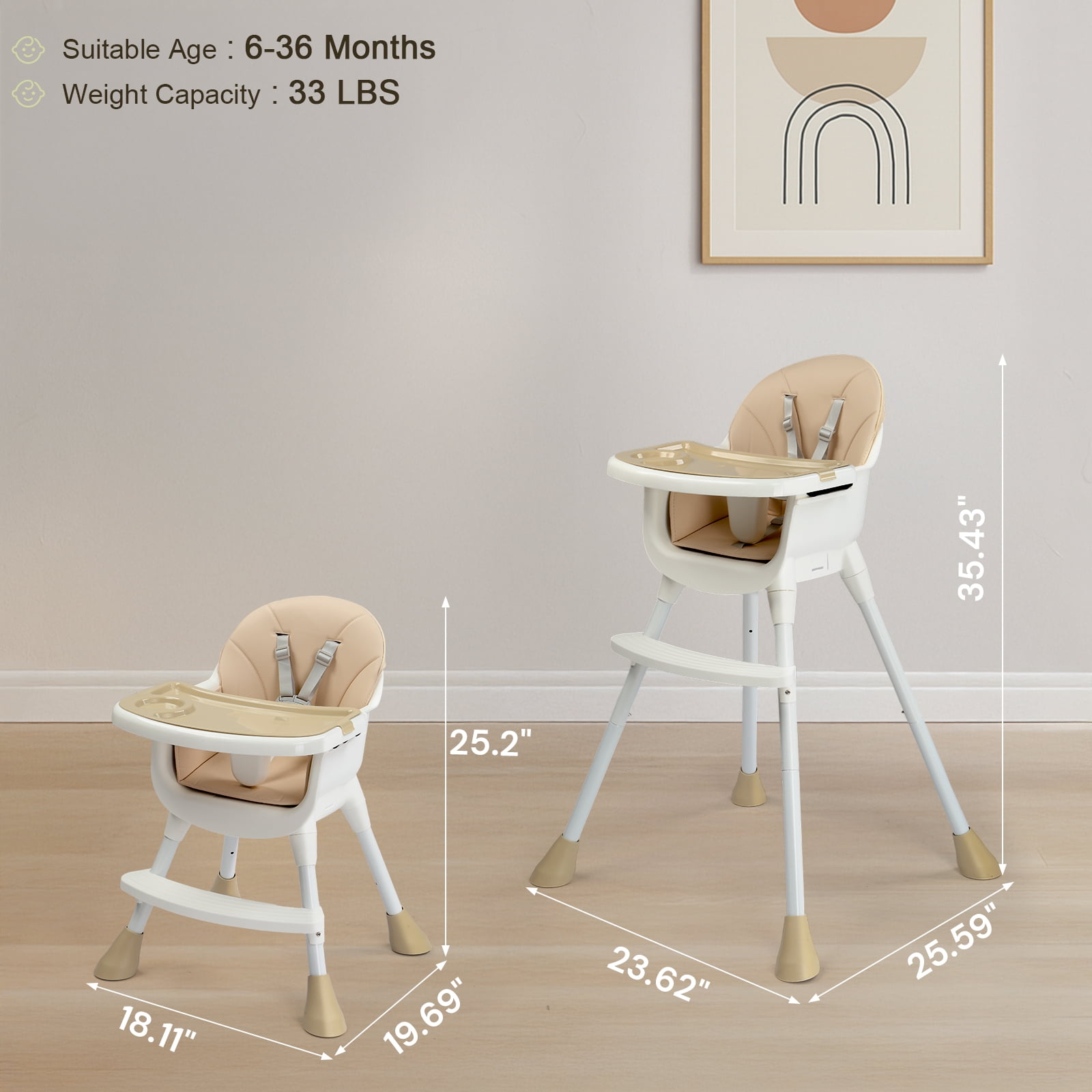 Ktaxon Baby High Chair, Convertible 3 in 1 High Chairs for Babies and Toddlers, Baby Highchair with 5-Point Safety Harness, Adjustable Dining Tray, Beige