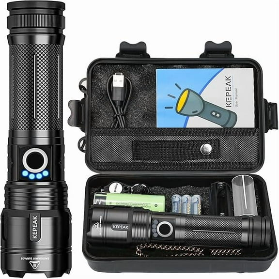ZCRechargeable Flashlight, LED Tactical Flashlight, 10000 Lumens Super Bright Handheld Flash Light, Waterproof, 5 Modes, Zoomable for Camping, Hiking, Emergency, Gift