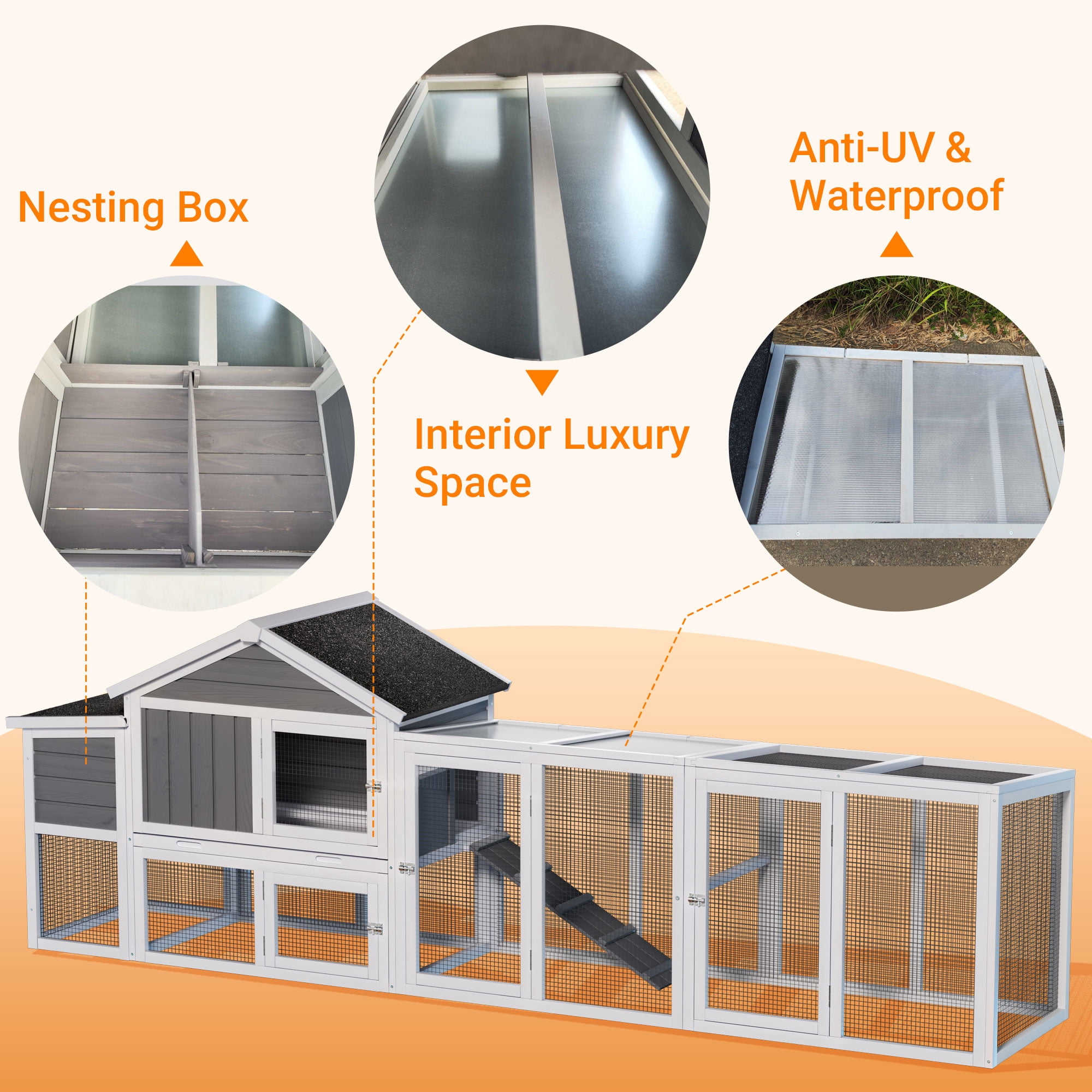 Chicken Coop, Outdoor Hen House, Large Wooden Chicken Run with Waterproof Asphalt Roof, UV-Resistant Panels, Nesting Box and Sliding Door, Removable Tray for Backyard Chickens, Gray 111.5 Inch