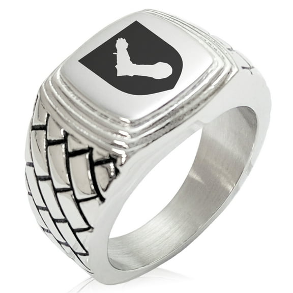 Stainless Steel Arm Armor Leadership Coat of Arms Shield Geometric Pattern Step-Down Biker Style Polished Ring