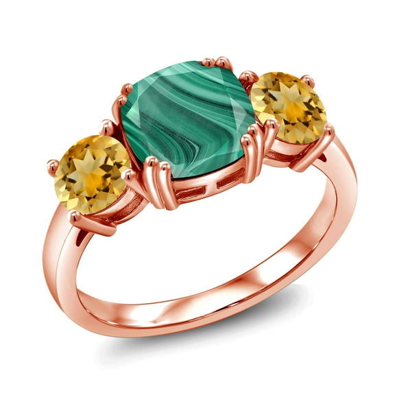 Gem Stone King 18K Rose Gold Plated Silver Green Malachite and Yellow Citrine 3 Stone Engagement Ring for Women (4.45 Cttw, Gemstone, Cushion 8MM, Size 6)