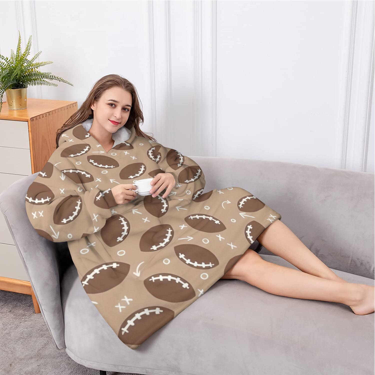 Oversized Wearable Blanket Hoodie,Football with Symbols Pattern Sherpa Blanket Hoodie with Super Pockets,Super Warm Fuzzy Pullover for Women & Men