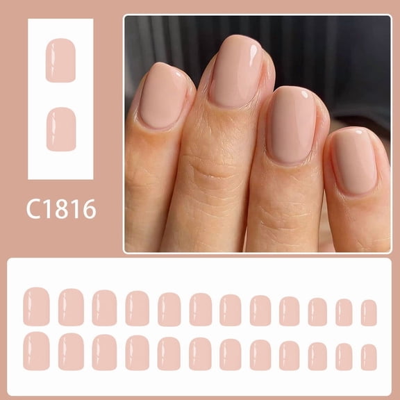 UNLLLL Short Square Glossy Press on Nails, Natural Nude Color Simple Versatile Nail Art, Reusable False Nails with 12 Sizes, for Daily Wear, Office and Any Occasion (24 Pieces)