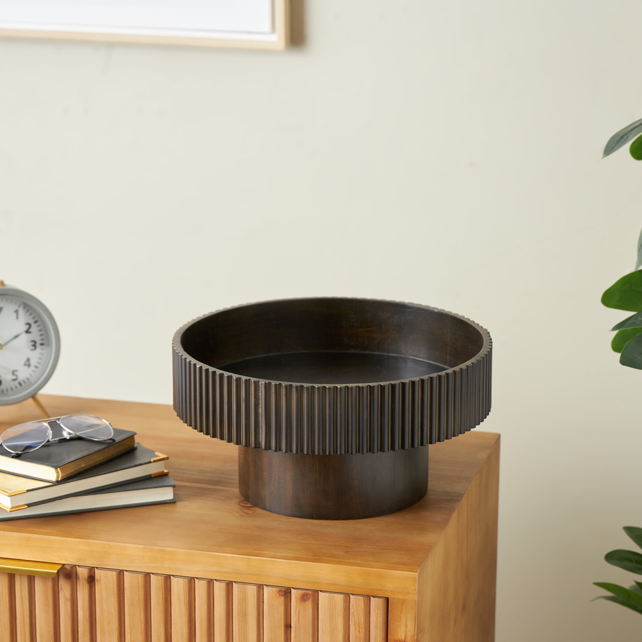 DecMode 14" Round Ribbed Dark Brown Wood Decorative Bowl with Elevated Base