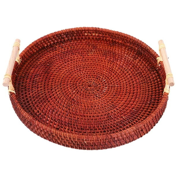 Bandeja redonda tejida a mano con asa de madera, organizador decorativo para pan Medio marrón oscuro