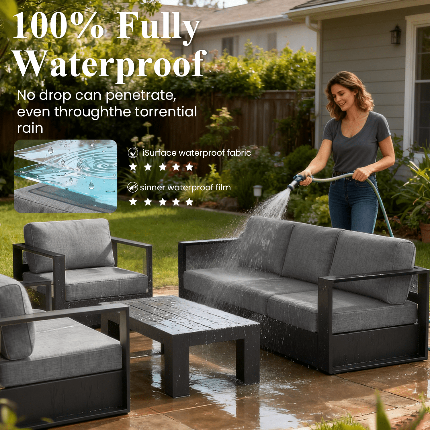 LayinSun Oversized Aluminum Outdoor Furniture Set, 4 Piece Patio Sofa Sets with Fire Pit Table, Deep Seating and Upgraded 6-inch Cushions for Porch, Balcony, Deck