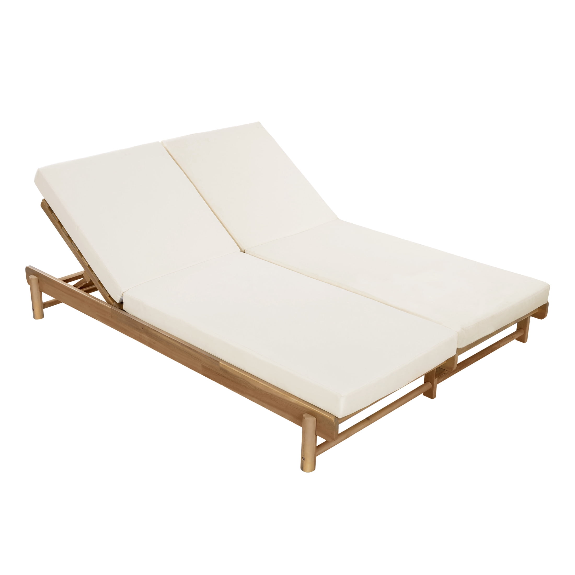 Christopher Knight Home Outdoor Double Chaise Lounge with Cushions, Adjustable Backrests, Light Teak + Cream