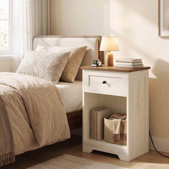 LEDREM Traditional Basic Nightstand with Charging Station, Drawer and Open Shelf, 15.7 x 11.8 x 23.2 Inches, White