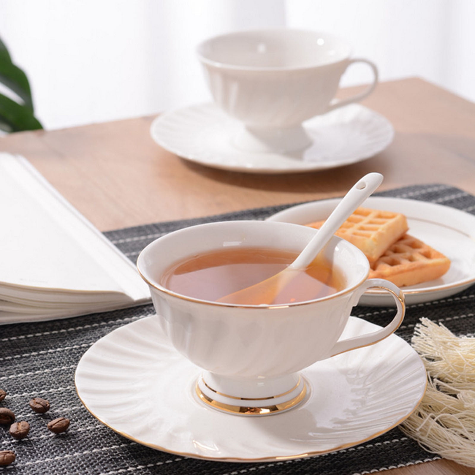 Amazon.com | YOLIFE 8 OZ Pink Rose Tea Cups and Saucers Set  Elegant Cream and Gold Saucers set of 6 Vintage main image 1