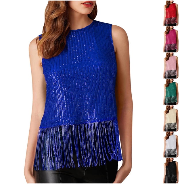 Tops Henley,Suéter informal de manga corta con flecos y lentejuelas para mujer, cuello redondo, mezcla de poliéster, ideal para el hogar, sopatenor