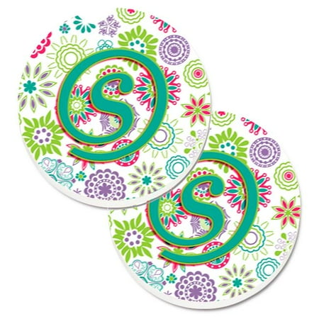 

Letter S Flowers Pink & Teal Green Initial Set of 2 Cup Holder Car Coaster