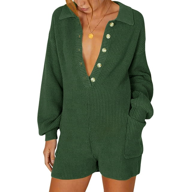 xiaxaixu Women’s Ribbed Knit Rompers Long Sleeve Solid Color Button Down Jumpsuit Shorts Loungewear
