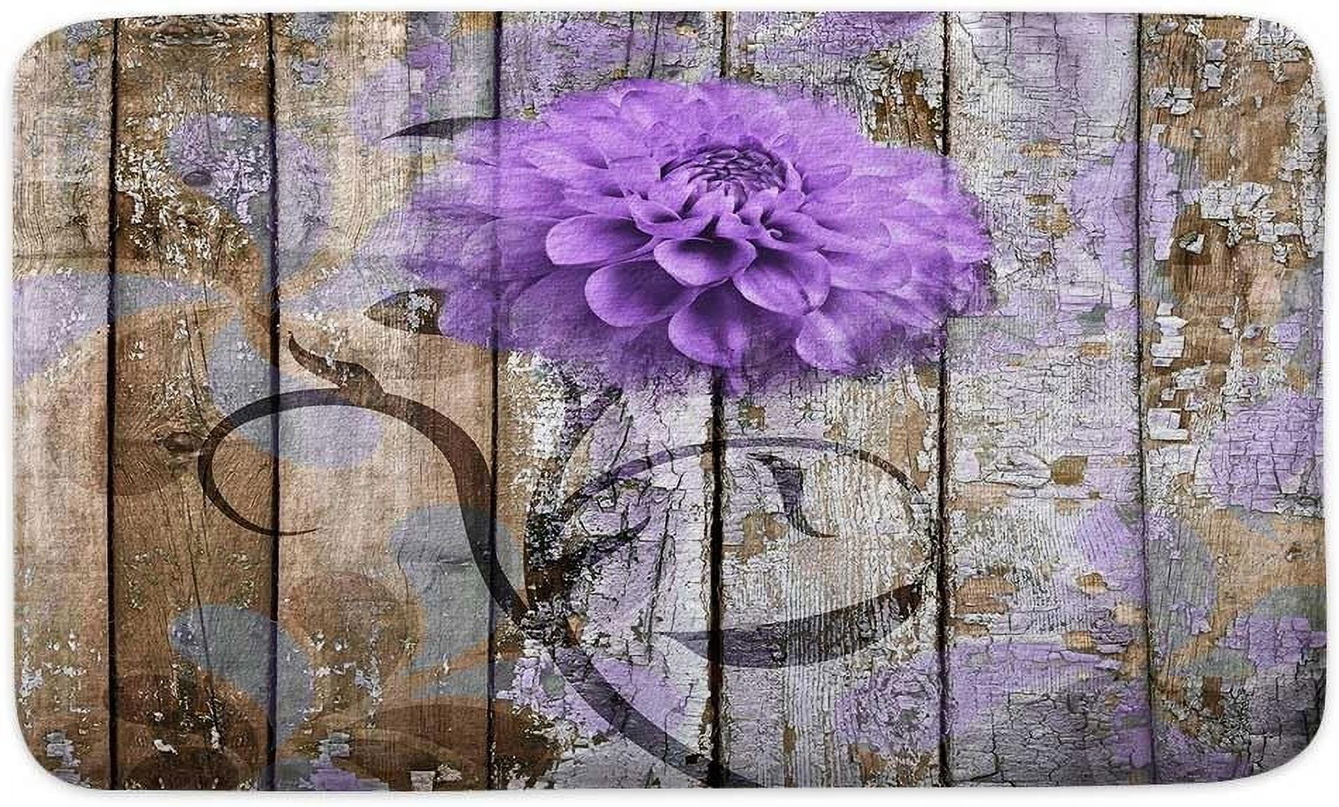 Farmhouse Floral Flower Bath Mat, Dahlia Rustic Wooden Plank Country Barn Wood Purple Flower Non-Slip Flannel Soft Doormat Floor Entryways Outdoor Indoor Front Door Mat, (16X24)