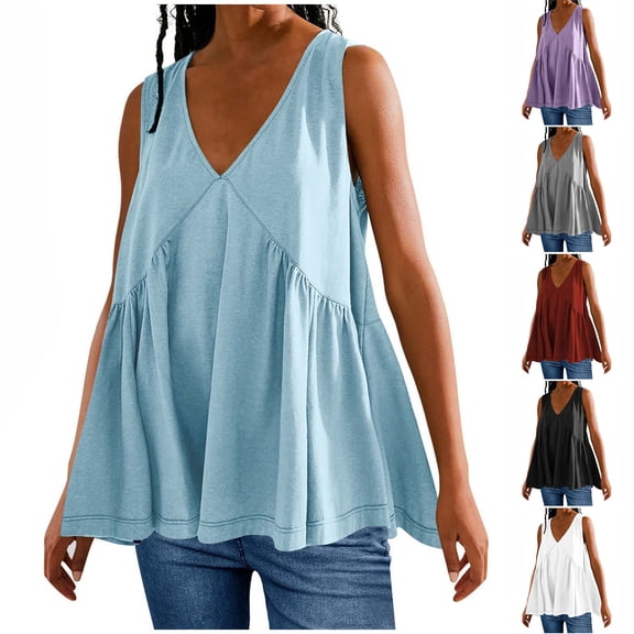 CHUMUD Womens Loose Fit Tank Tops Sleeveless V Neck Babydoll Solid Summer Trendy Casual Top Vacation