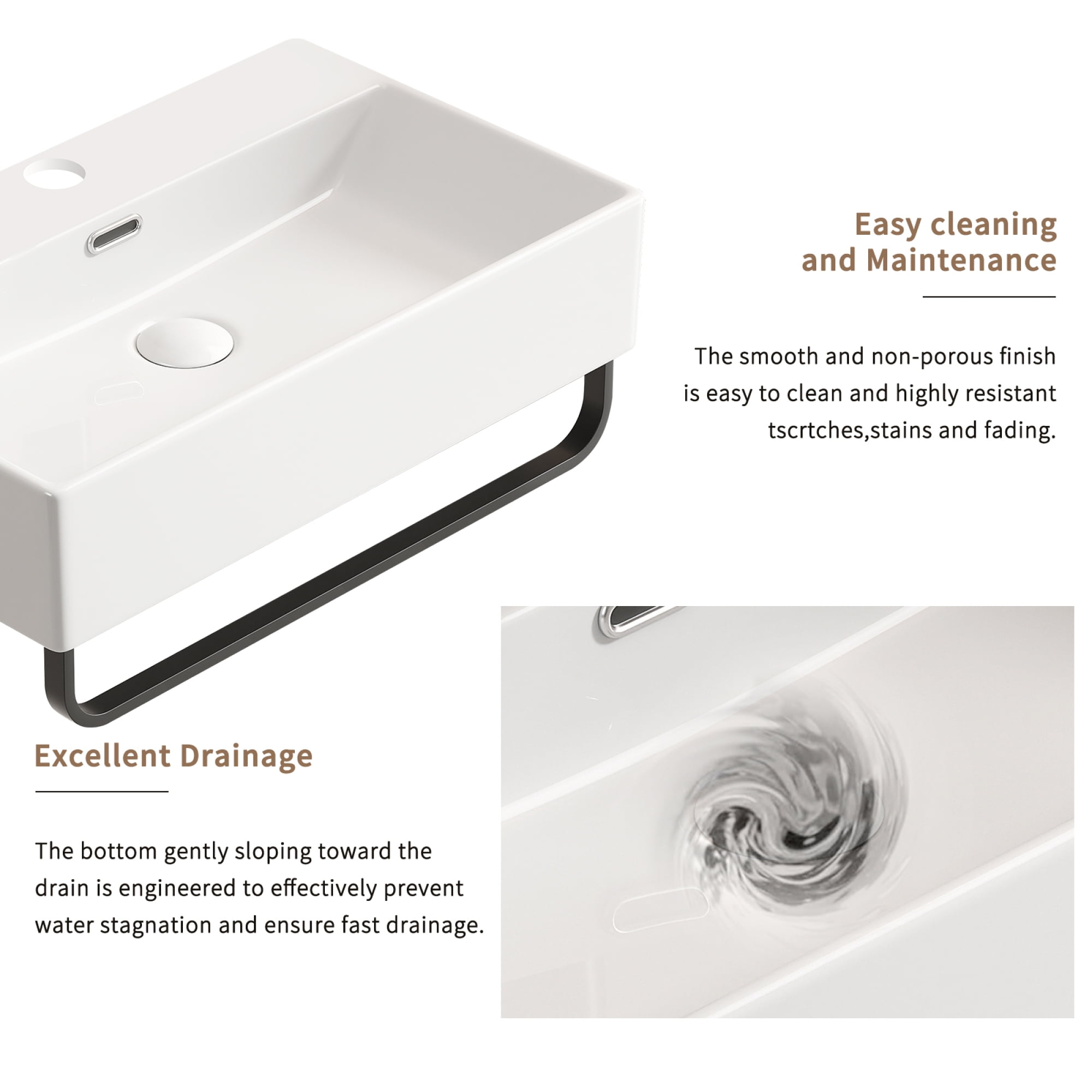Leumius 23.63" x 14.18" White Ceramic Bathroom Sink with Towel Rack,Bathroom Vessel Sink Wall Mount Basin Vanity Sink
