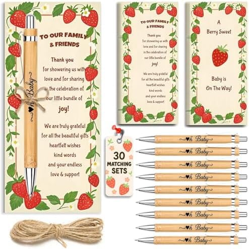 Baby Shower Favors for Guests – 30 Matching “Oh Baby” Pens with Thank You Cards & Twine – Strawberry Theme Party Supplies$$Office