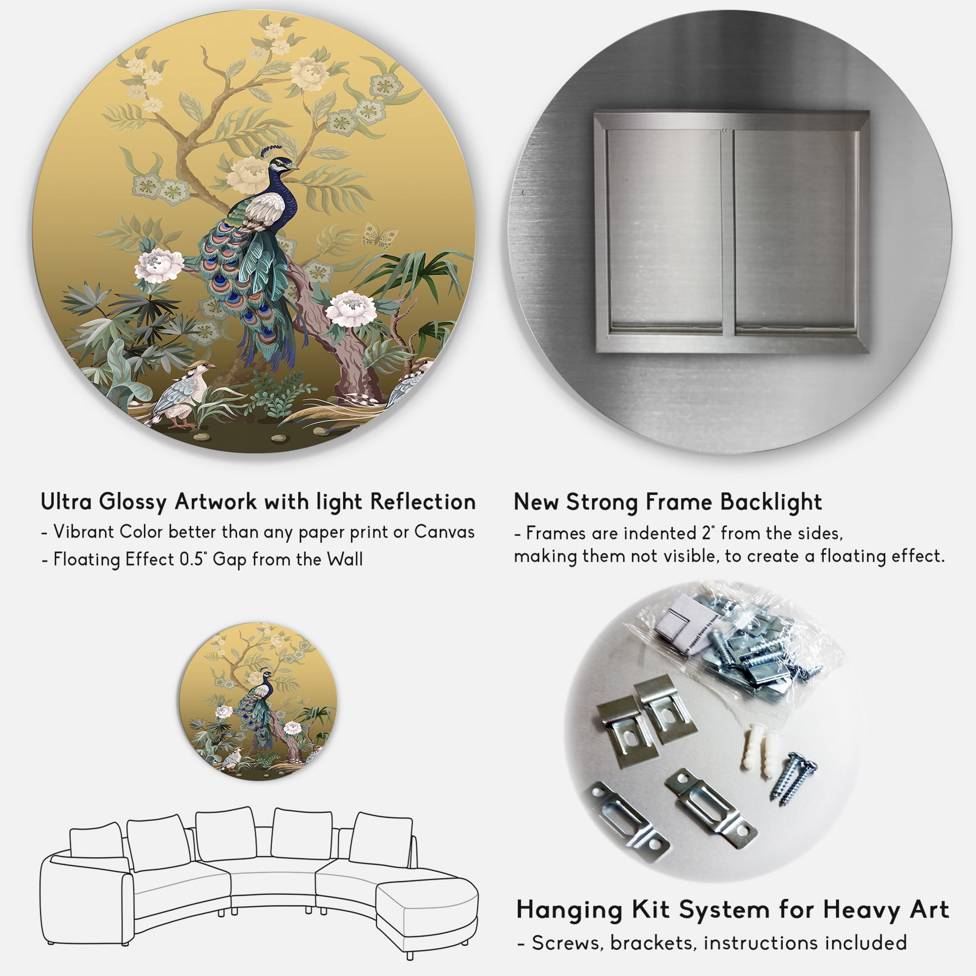 Designart 'Chinoiserie With Peonies and Birds VI' Traditional Circle Metal Wall Art 36x36 - Disc of 36