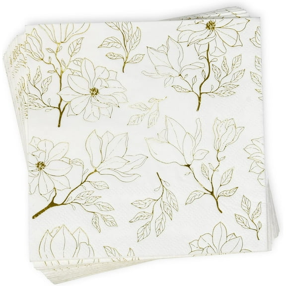 Gift Boutique - 100 Floral Cocktail Beverage Napkins Gold & White Disposable Paper Spring Flowers Dessert Napkin for Wedding Birthday Party Bridal & Baby Shower, Tableware Party Supplies Decorations