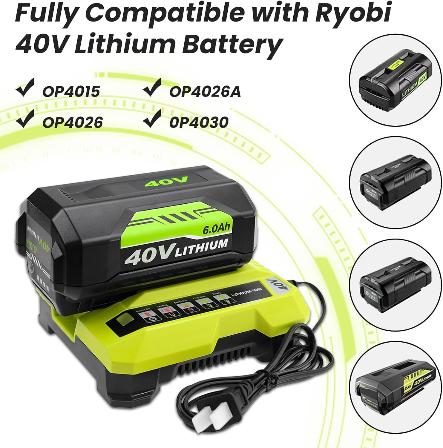 8.0Ah Replacement OP4026 Battery + OP401 Charger kit for Ryobi 40V Battery and Charger Combo OP40602 OP40501 OP40401 OP4030 Compatible with Ryobi 40 Volt Battery and Cordless Power Tools