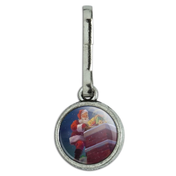 Christmas Holiday Santa Going Down the Chimney Antiqued Charm Clothes Purse Suitcase Backpack Zipper Pull Aid