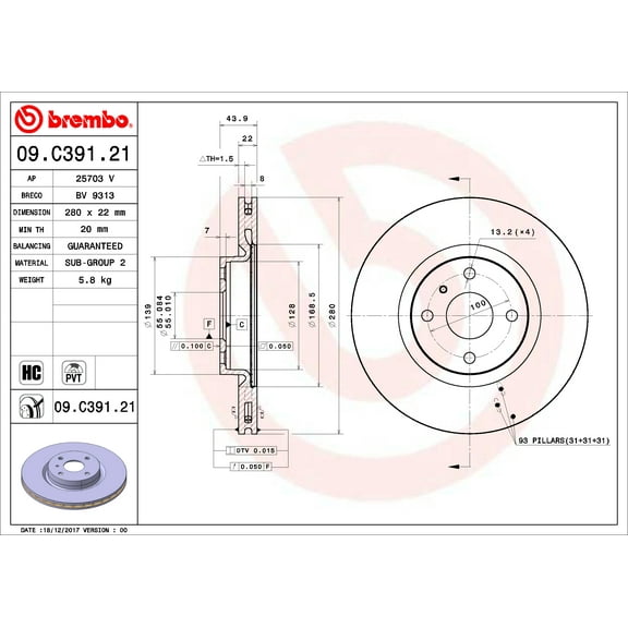 Brembo OE UV Coated Front Rotor for Mazda MX-5 Miata (2016-2019) - Part 09.C391.21