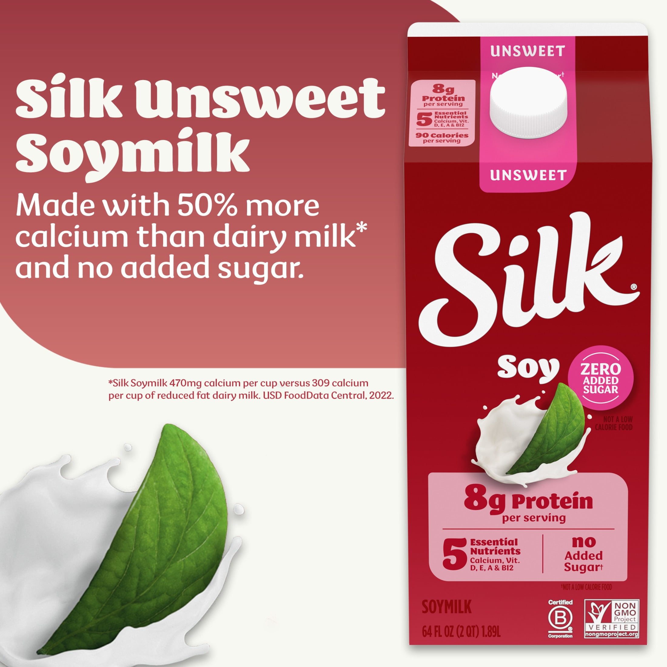 Silk Dairy Free, Gluten Free Unsweet Soy Milk, Plant Based Milk Half Gallon, 64 fl oz