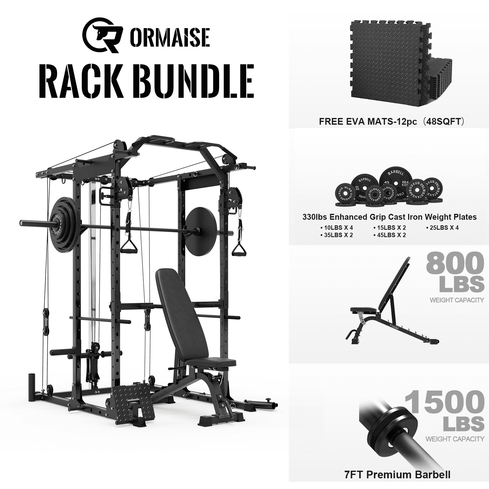 K7 Power Rack Cage, 1500LBS Weight Cage with 800LB Capacity Adjustable Weight Bench, 1500LB Capacity Barbell and 230LB Weight Plate set