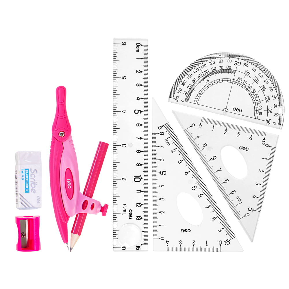School Home Ruler Protractor Compass Pencils Eraser Sharpener 8 Piece Maths Set 