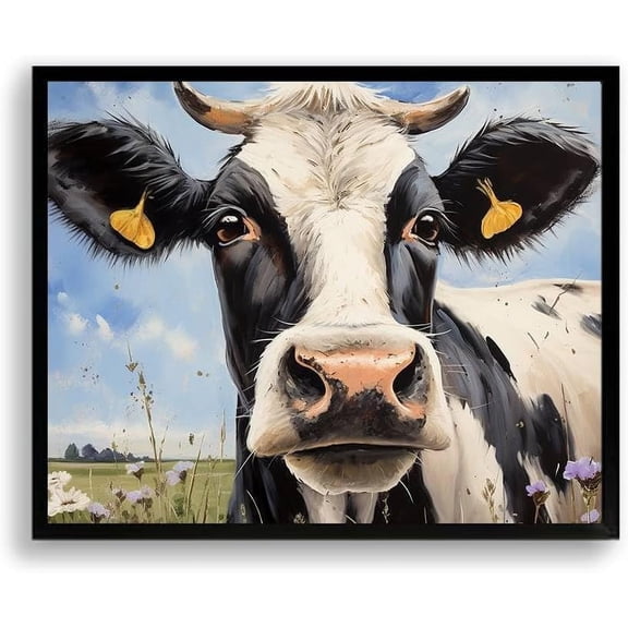 WFSposter Bathroom Wall Decor Art Cute Baby Cow Canvas Pictures in Black Framed Farmhouse Animal Prints Posters Artwork for Kids Nursery Home Office Décor 10L x 8W